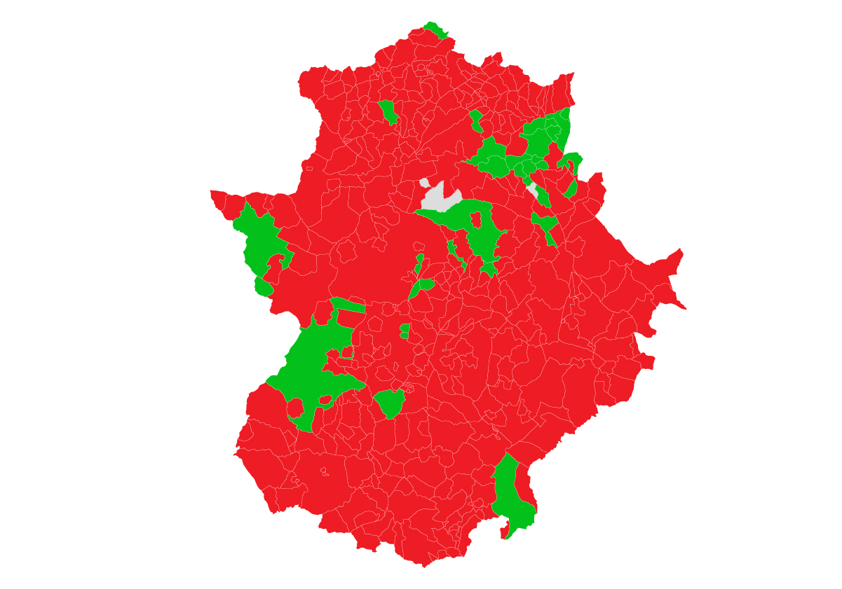 Los mapas del voto transversal de Vox en Extremadura: rebasa al PSOE en Badajoz y otros 31 municipios