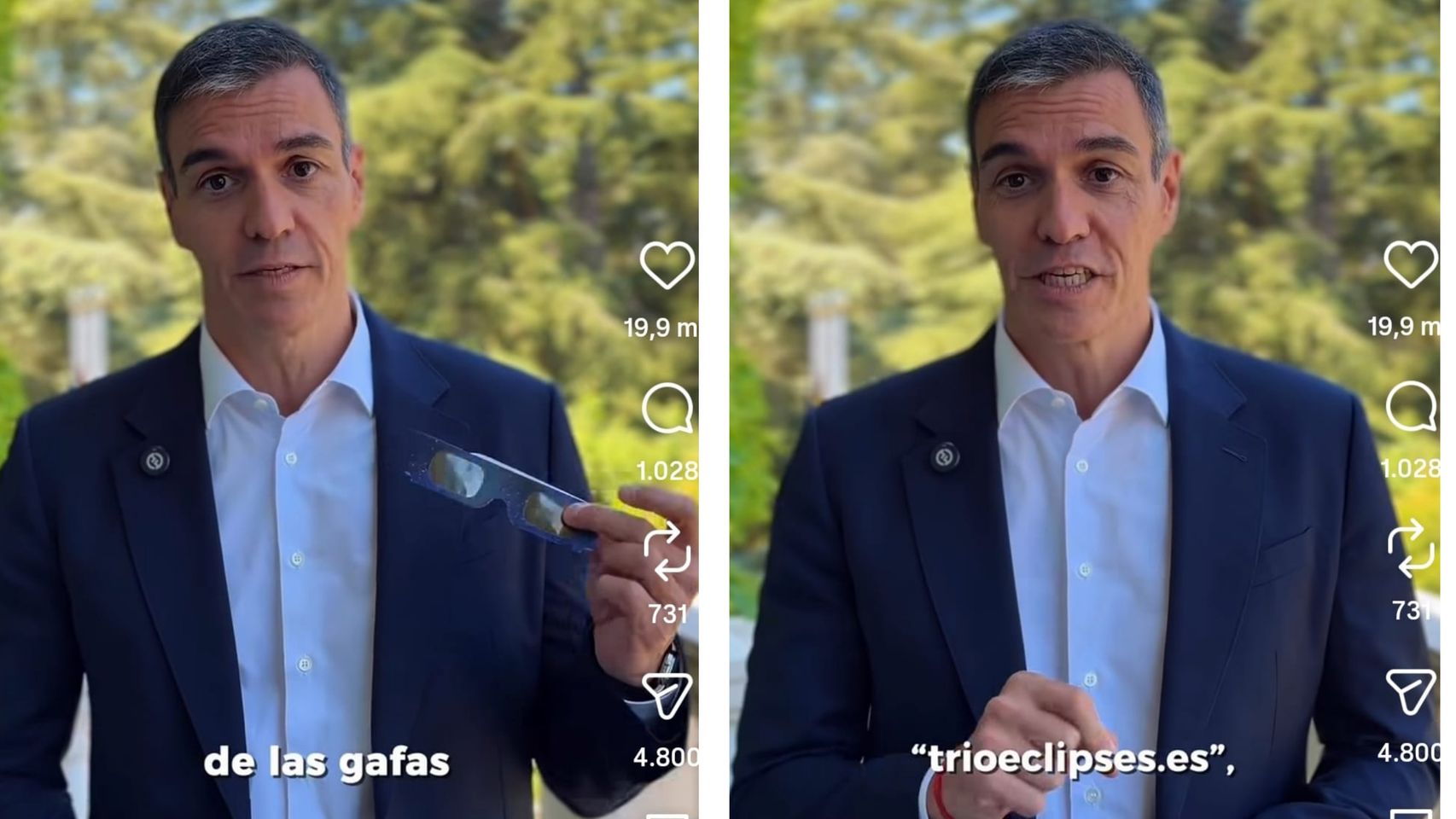 Sánchez reaparece en plena ola de escándalos para recomendar una web sobre el eclipse: "No te olvides de ponerte las gafas"