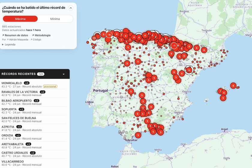 Cada verano España es más un horno. Este mapa de récords de AEMET lo demuestra estación por estación