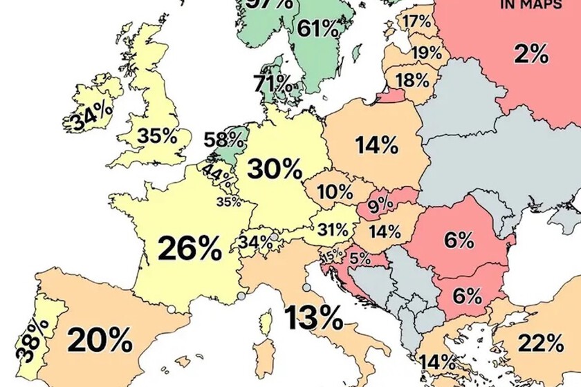 Las ventas de coches eléctricos en Europa, en un revelador mapa con una península que arrasa. Spoiler: no es la Ibérica
