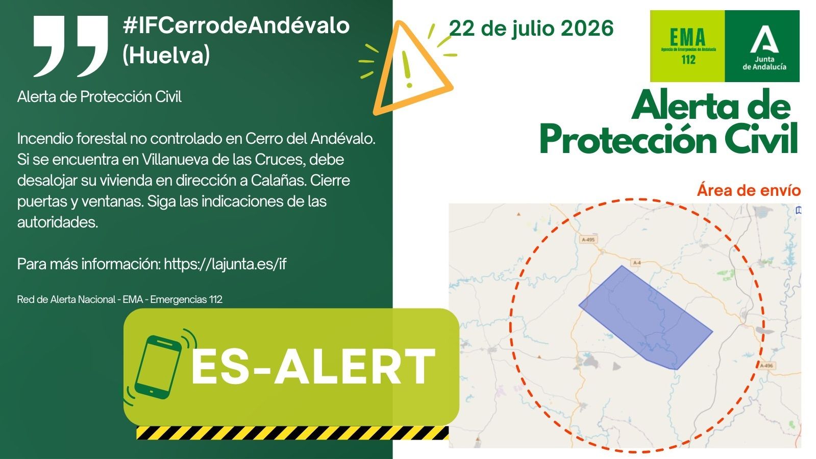 La Junta manda un ES-Alert en Huelva para ordenar el desalojo de un pueblo entero por un incendio