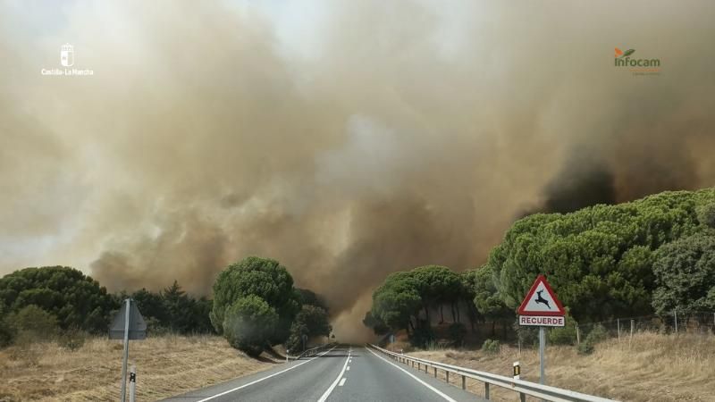 La UME llega al incendio de Almorox (Toledo), que avanza hacia la Comunidad de Madrid: Villa del Prado se ha confinado