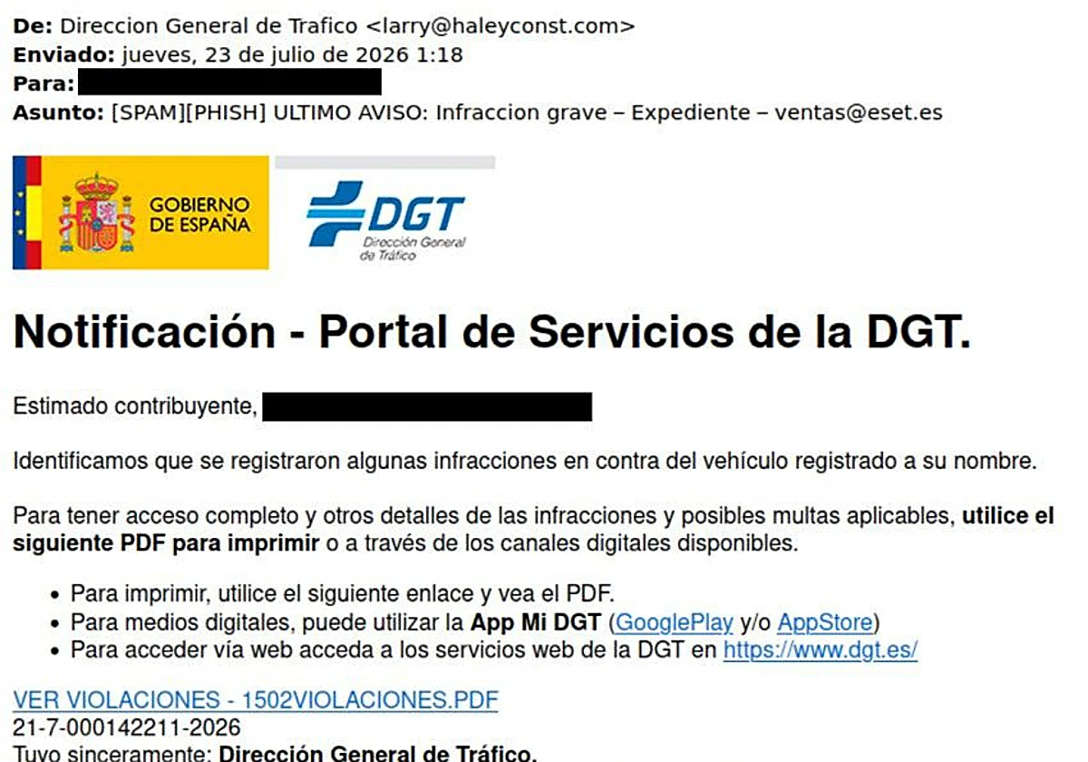 Los ciberdelincuentes usan falsas multas de la DGT para intentar vaciar tu cuenta bancaria
