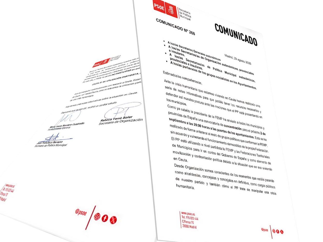 El PSOE pide por carta a todos sus cargos públicos que no acudan a las manifestaciones del día 2 en apoyo a Ceuta