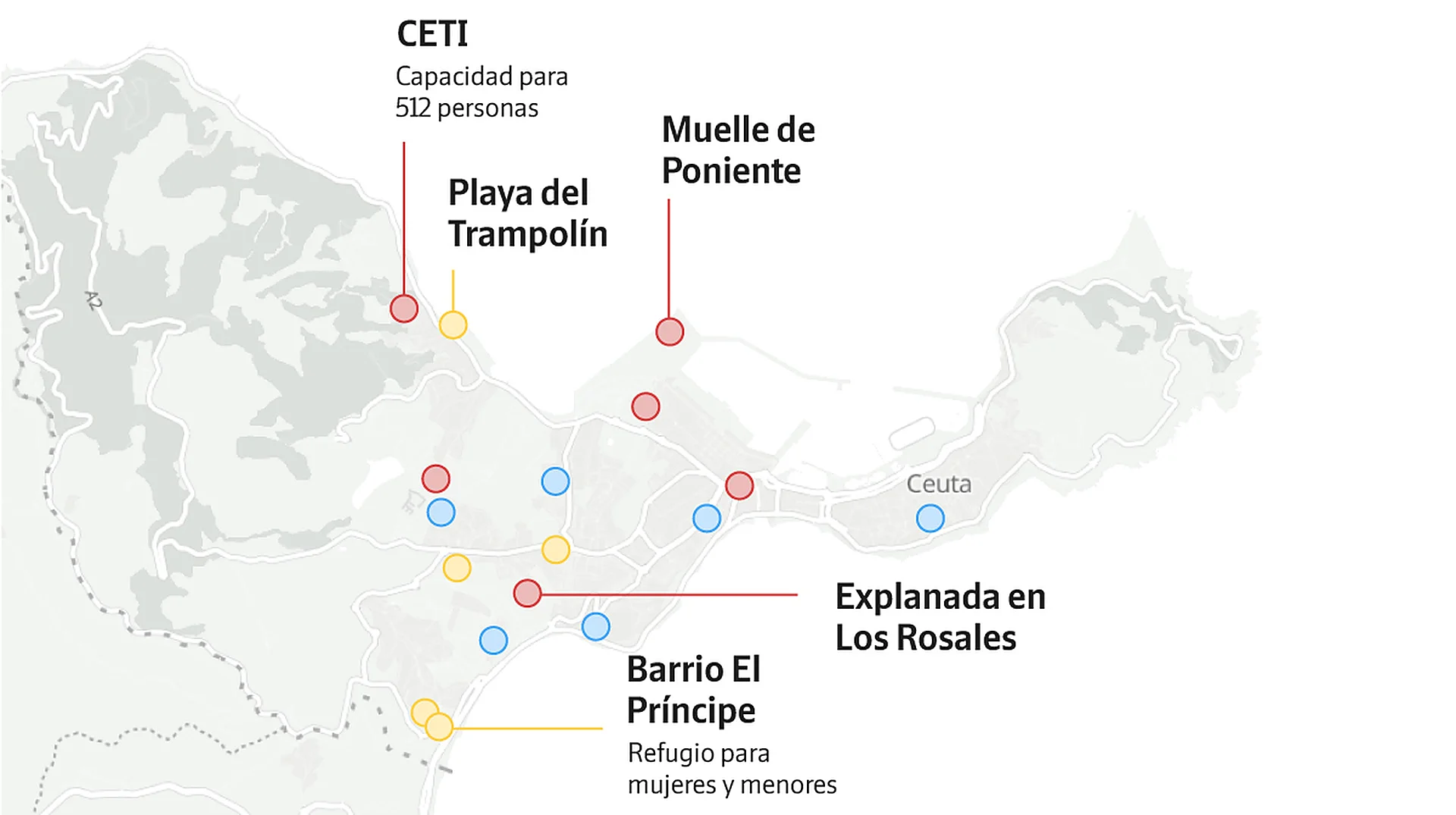 El mapa de los puntos de acogida de migrantes en Ceuta