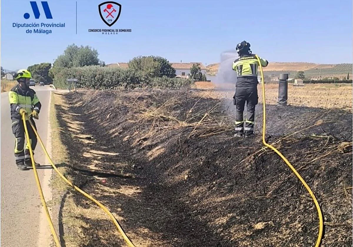 Dos vehículos arden tras una colisión y provocan un incendio de pasto en Villanueva del Rosario
