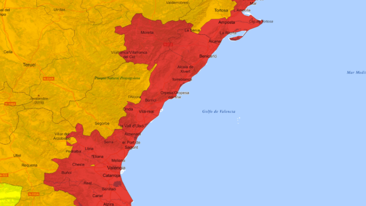 La Aemet aconseja no viajar en Castellón, Tarragona y Valencia por aviso rojo por lluvias torrenciales