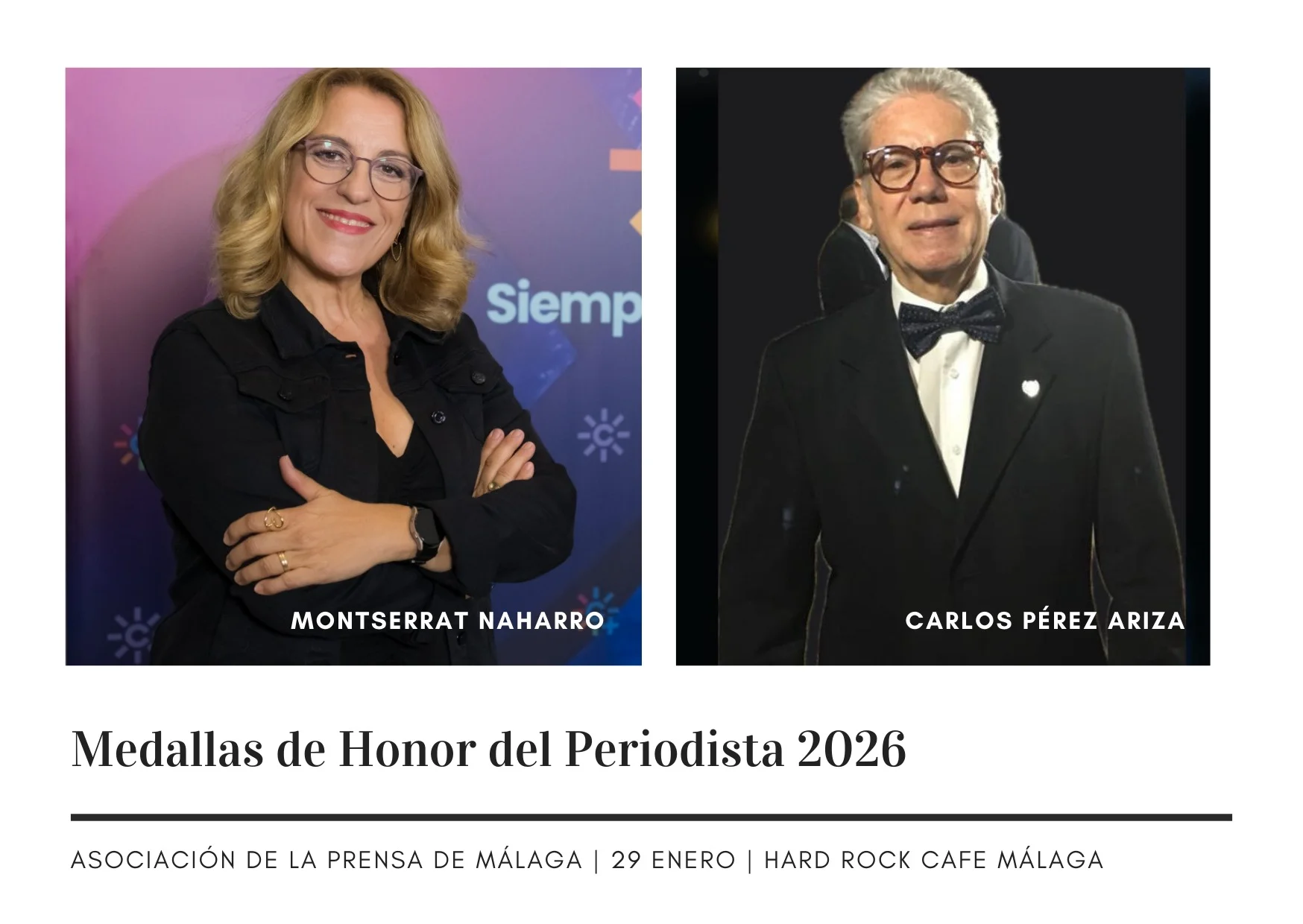 Montserrat Naharro y Carlos Pérez Ariza, Medallas de Honor del Periodista 2026