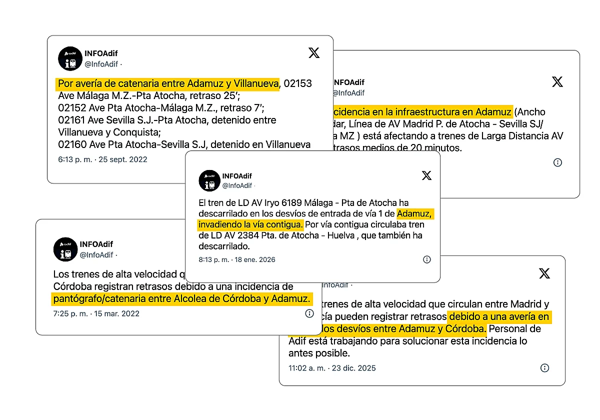 Adif registró 18 incidencias en Adamuz en los tres años previos la tragedia