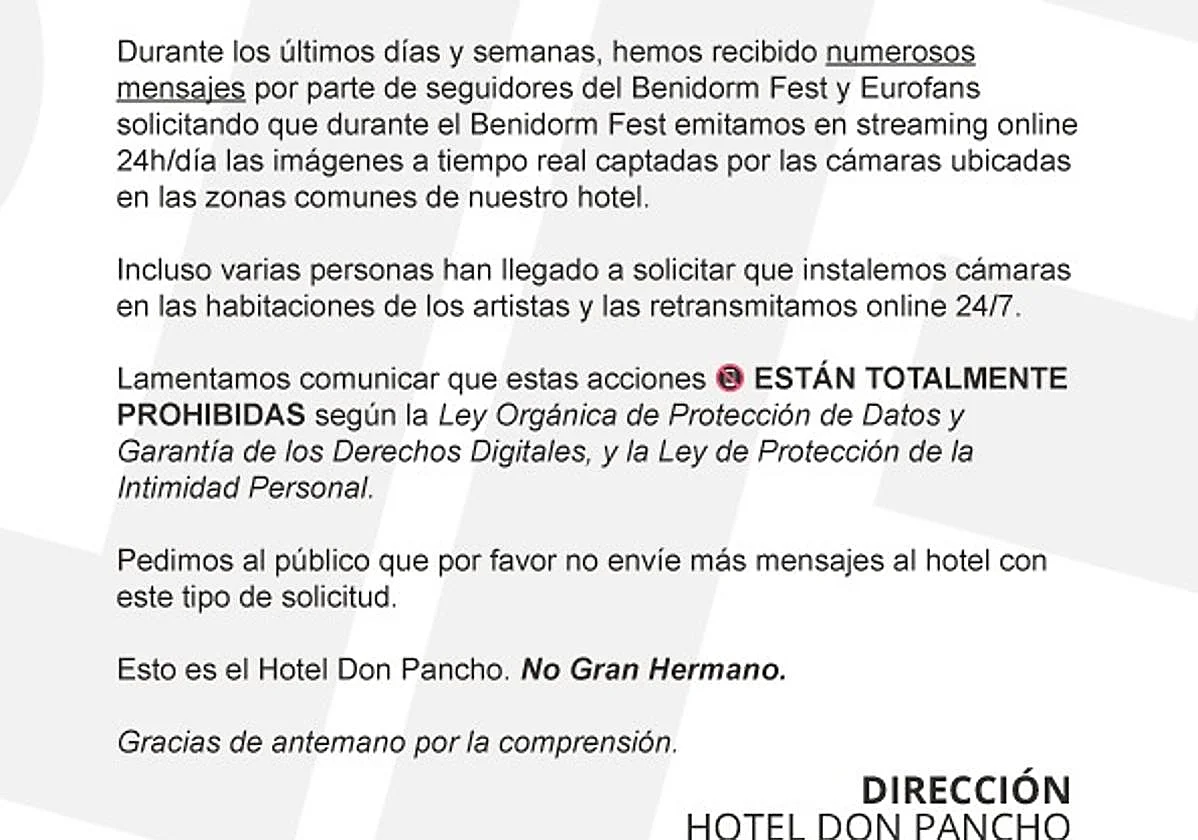 El sorprendente comunicado del hotel en el que se alojan los artistas del Benidorm Fest: «No envíen más mensajes con esta solicitud»
