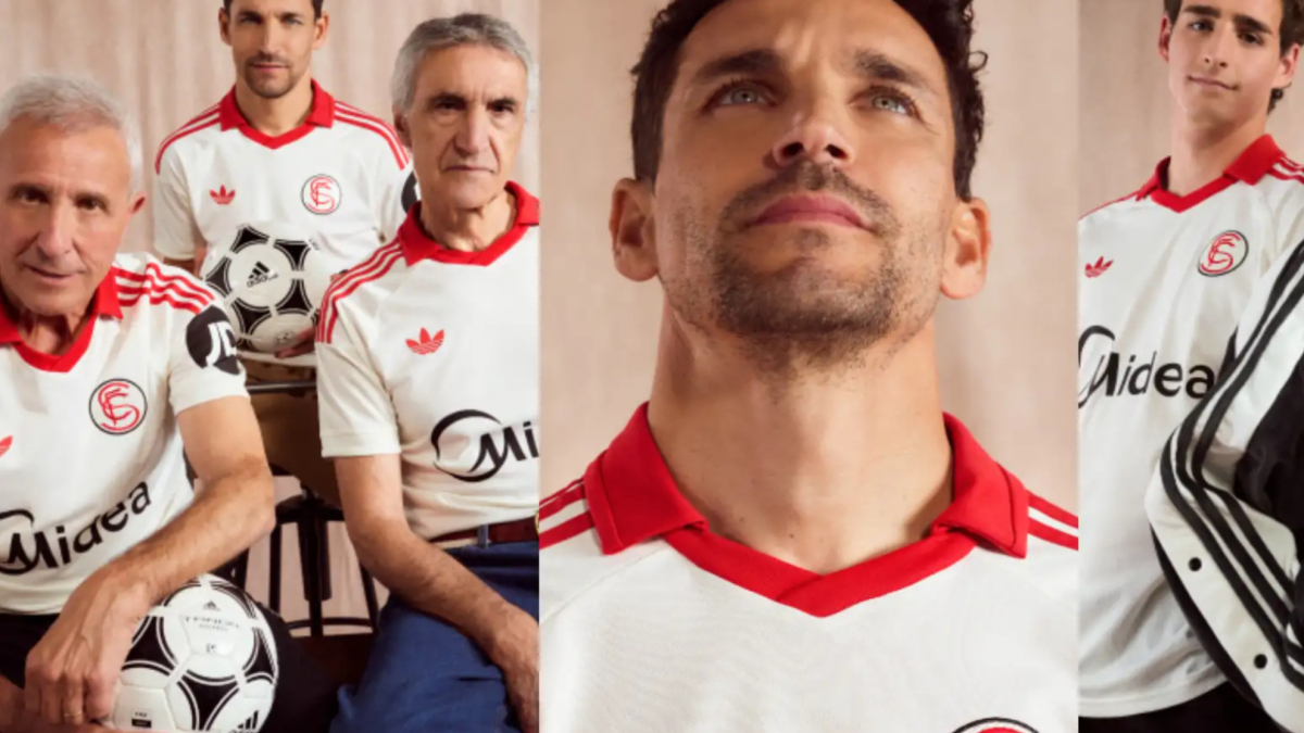Leyendas y canteranos muestran la camiseta que lucirá el Sevilla en la Jornada Retro de LaLiga