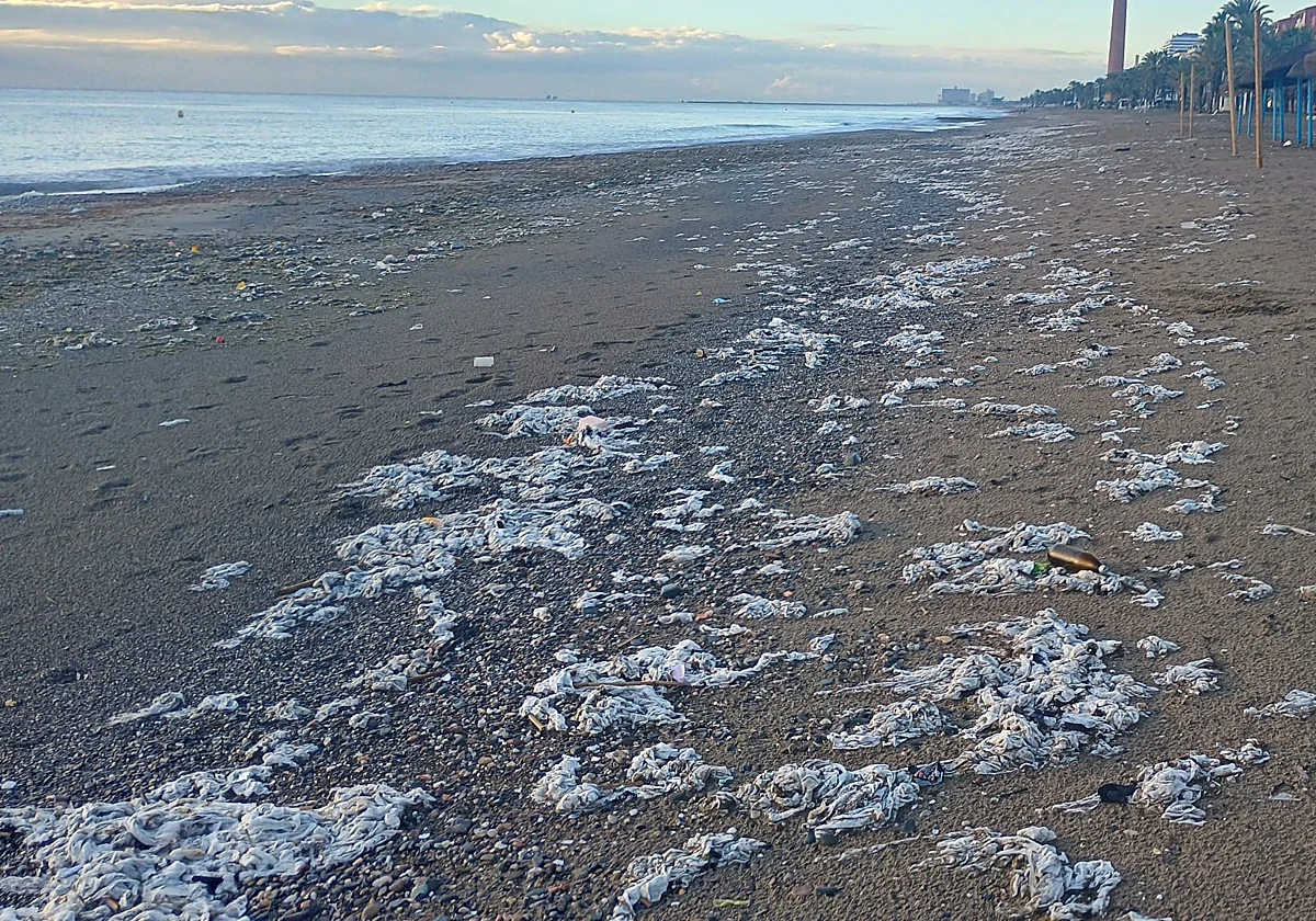 Los temporales y la falta de conciencia cívica llenan de toallitas la playa de Huelin