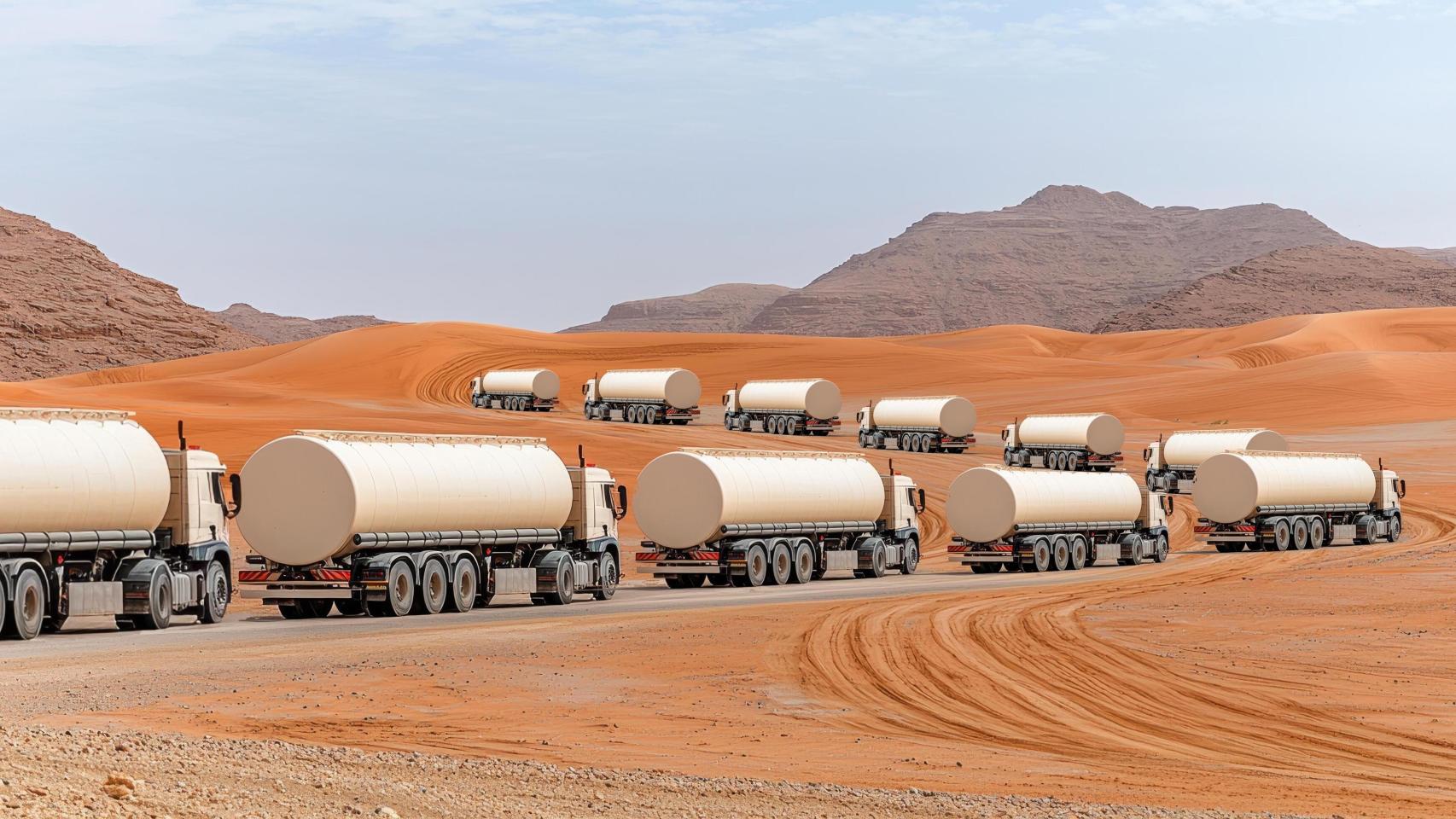 Una caravana de más de 40 km de camiones cisterna con diésel y queroseno cruza el desierto de Arabia ante el cierre de Ormuz