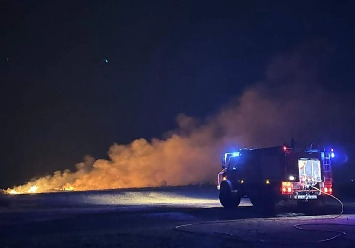 Mijas firefighters control a forest fire caused by pyrotechnics in the early hours of the morning