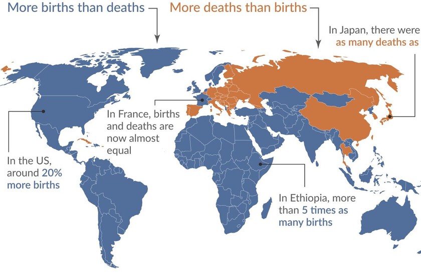El mapa que parte el mundo en dos: los países que están abocados a la extinción y los que no